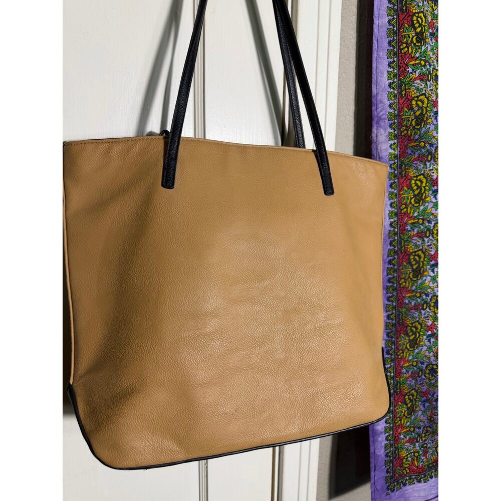 Nine West Large Tan Black Faux Leather Tote Bag Shoulder Purse Work Laptop - Picture 4 of 7